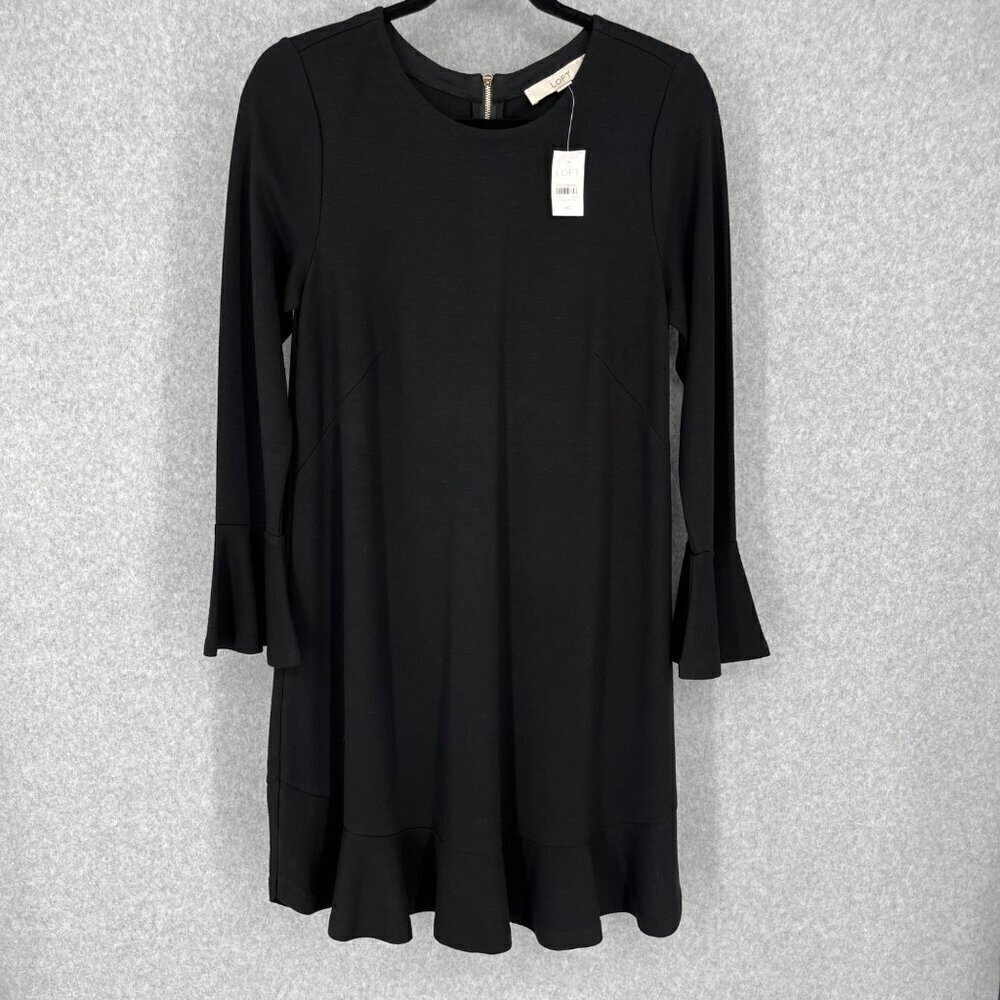 Loft Ponte Knit Bell Sleeve Sheath Dress Size XS Black Office Ruffle LBD NEW